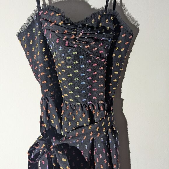 Trina Turk Black Rainbow Swiss Dot Sweetheart Neck Strappy Midi Dress Women's 10 - Picture 2 of 7